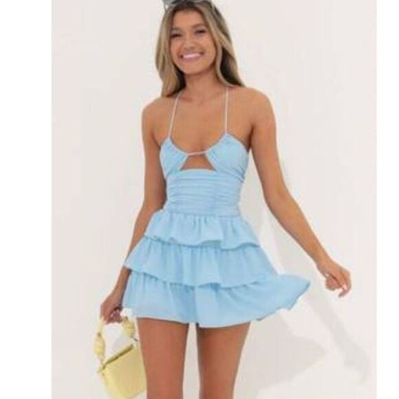 Lucy In The Sky Scout Ruffle Mini Dress Light Blue Open Tie Back Size Medium - Picture 1 of 10